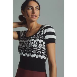 Anthropologie Black and White Floral Knit Short Sleeve Top